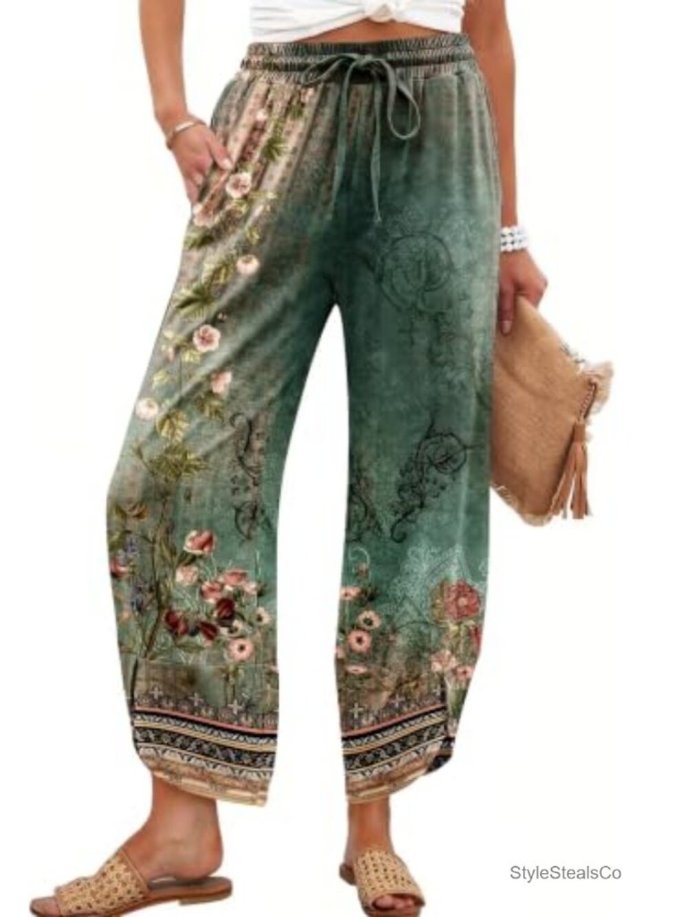 Wide Leg Palazzo Capri Pants High Waisted Cropped Casual Trousers with Pockets